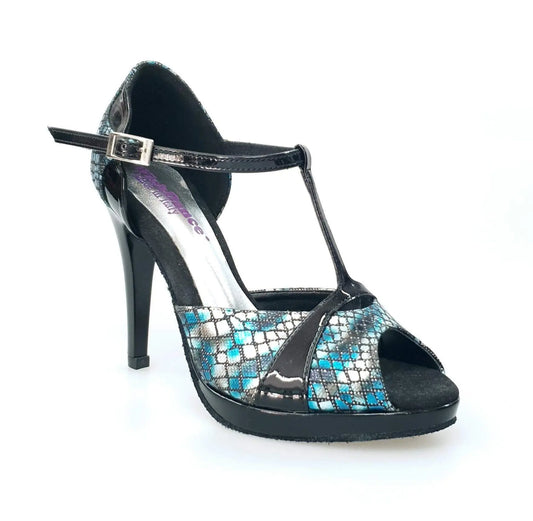 Sandalo donna Xena (698X) in boa blu e vernice nero con plateau e tacco a spillo, scarpa elegante Wish Dance Shop