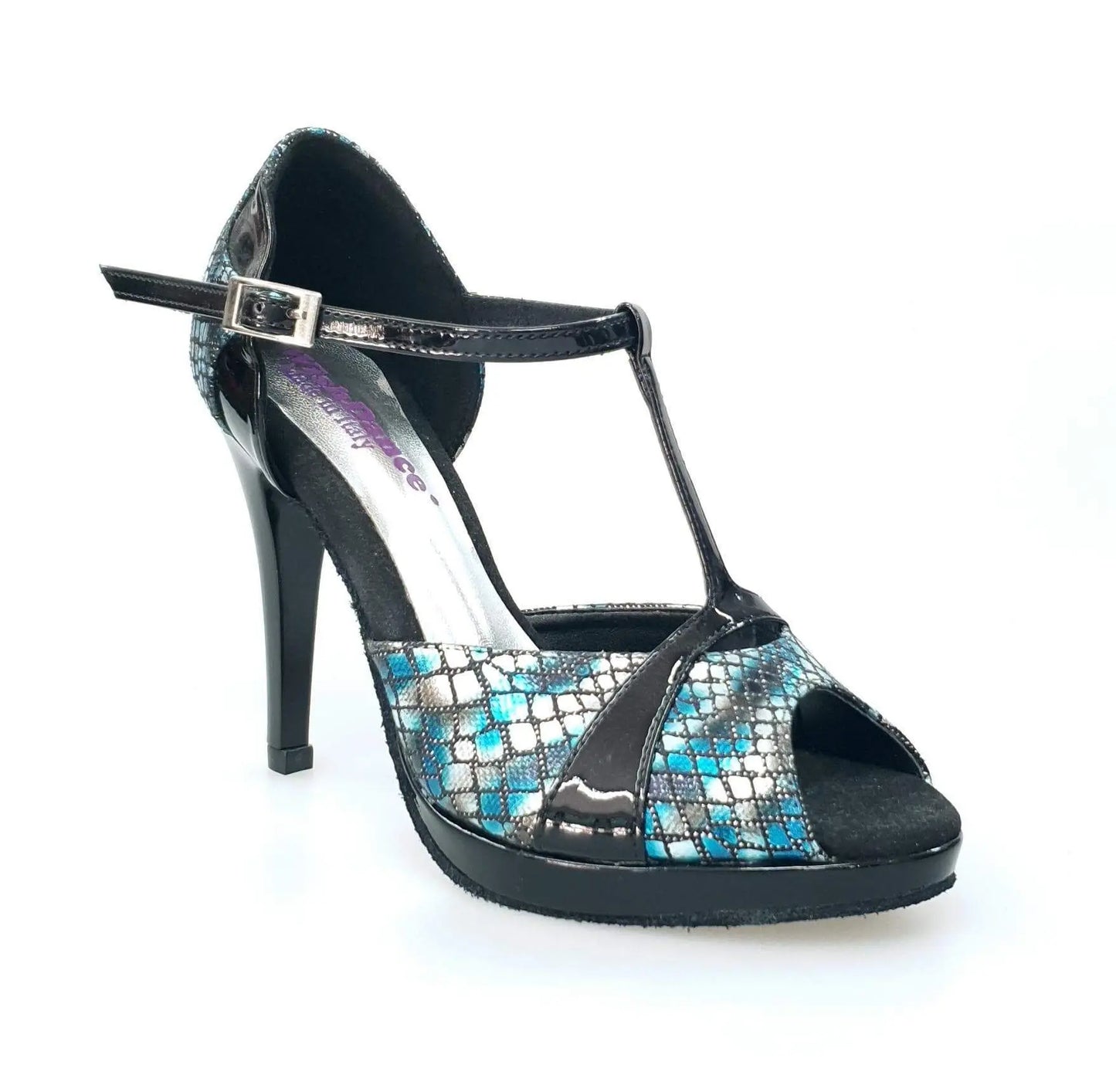 Sandalo donna Xena (698X) in boa blu e vernice nero con plateau e tacco a spillo, scarpa elegante Wish Dance Shop
