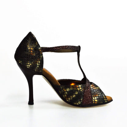 Sandalo donna Xena (698) in boa bronzo e glitter marrone con tacco slim, scarpa elegante Wish Dance Shop