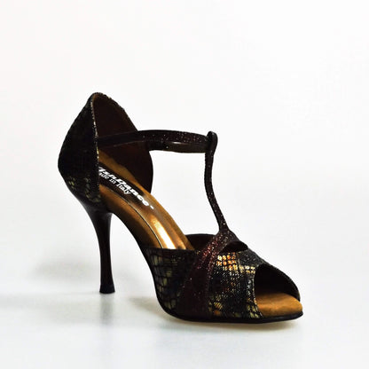 Sandalo donna Xena (698) Wish Dance Shop in boa bronzo e glitter marrone con tacco slim, scarpa elegante e alla moda