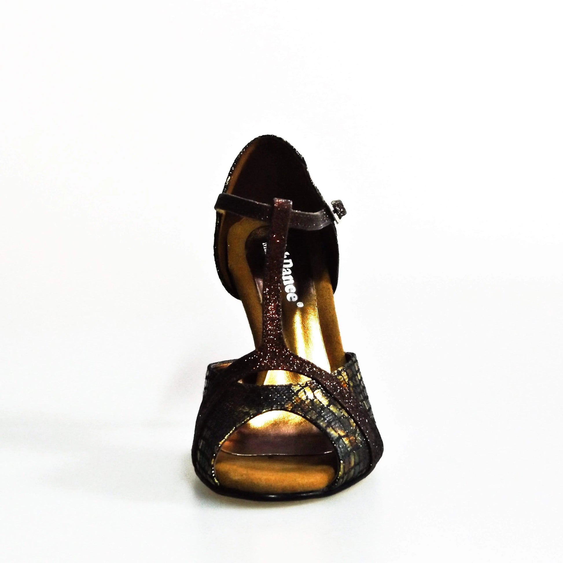 Sandalo donna Xena (698) di Wish Dance Shop in boa bronzo e glitter marrone con tacco slim, scarpa elegante e alla moda