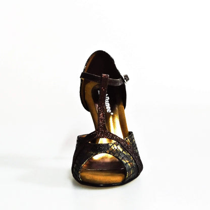 Sandalo donna Xena (698) di Wish Dance Shop in boa bronzo e glitter marrone con tacco slim, scarpa elegante e alla moda