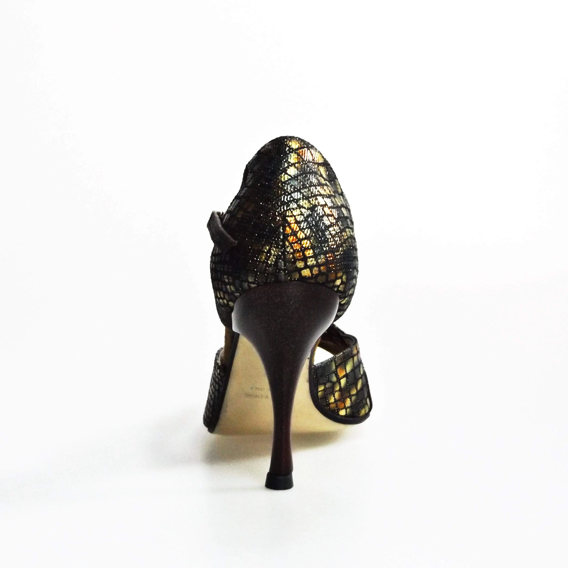 Sandalo da donna Xena (698) in boa bronzo e glitter marrone con tacco slim, scarpa elegante Wish Dance Shop.