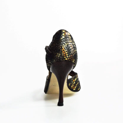Sandalo da donna Xena (698) in boa bronzo e glitter marrone con tacco slim, scarpa elegante Wish Dance Shop.