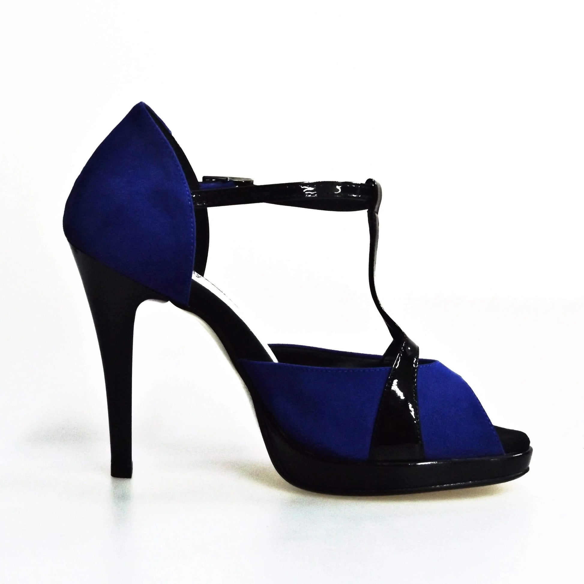 Sandalo donna Xena (698X) in camoscio blu e vernice nera con plateau e tacco a spillo, scarpa elegante Wish Dance Shop