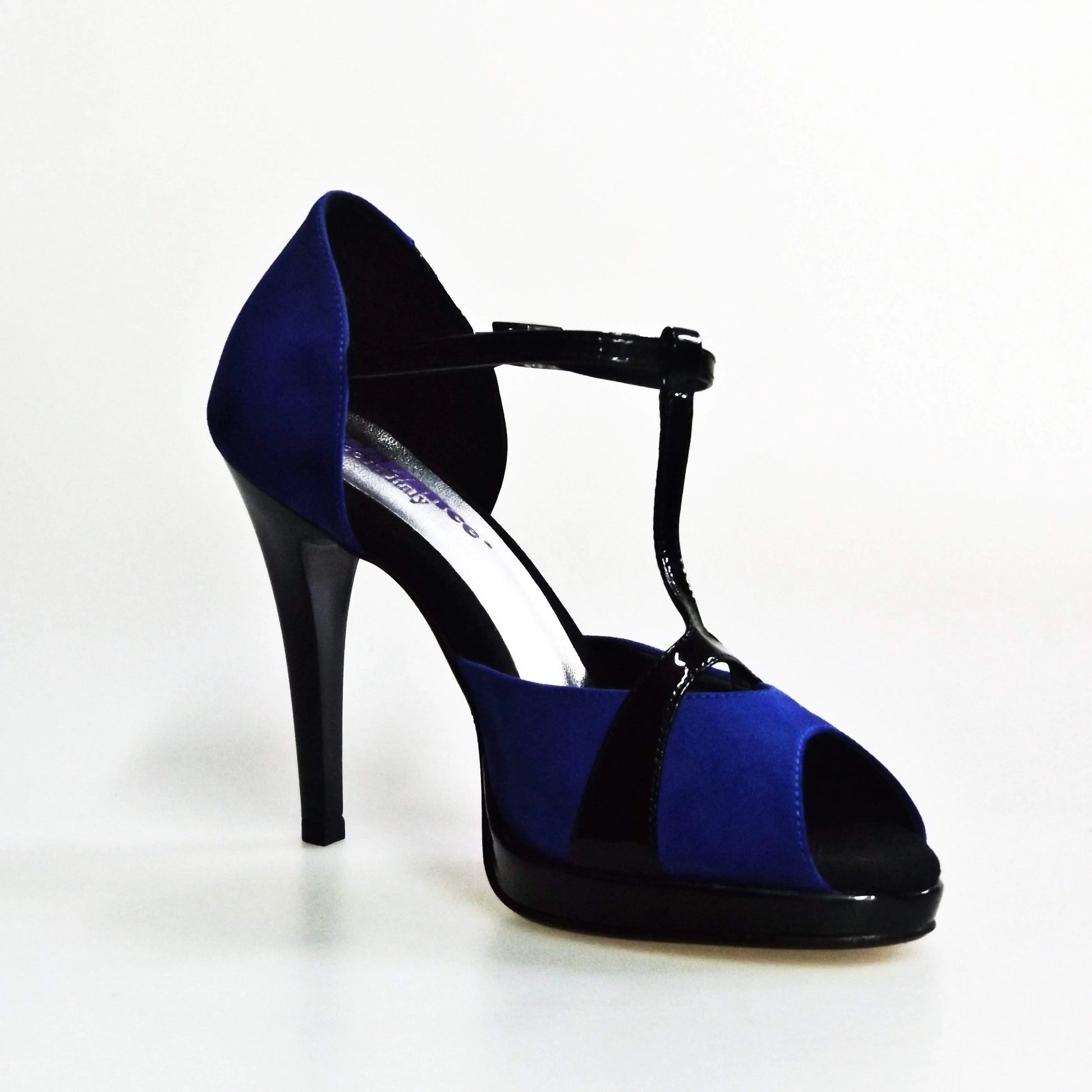 Sandalo donna Xena (698X) in camoscio blu e vernice nera con plateau e tacco a spillo, scarpa Wish Dance Shop