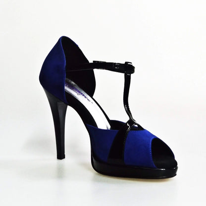 Sandalo donna Xena (698X) in camoscio blu e vernice nera con plateau e tacco a spillo, scarpa Wish Dance Shop