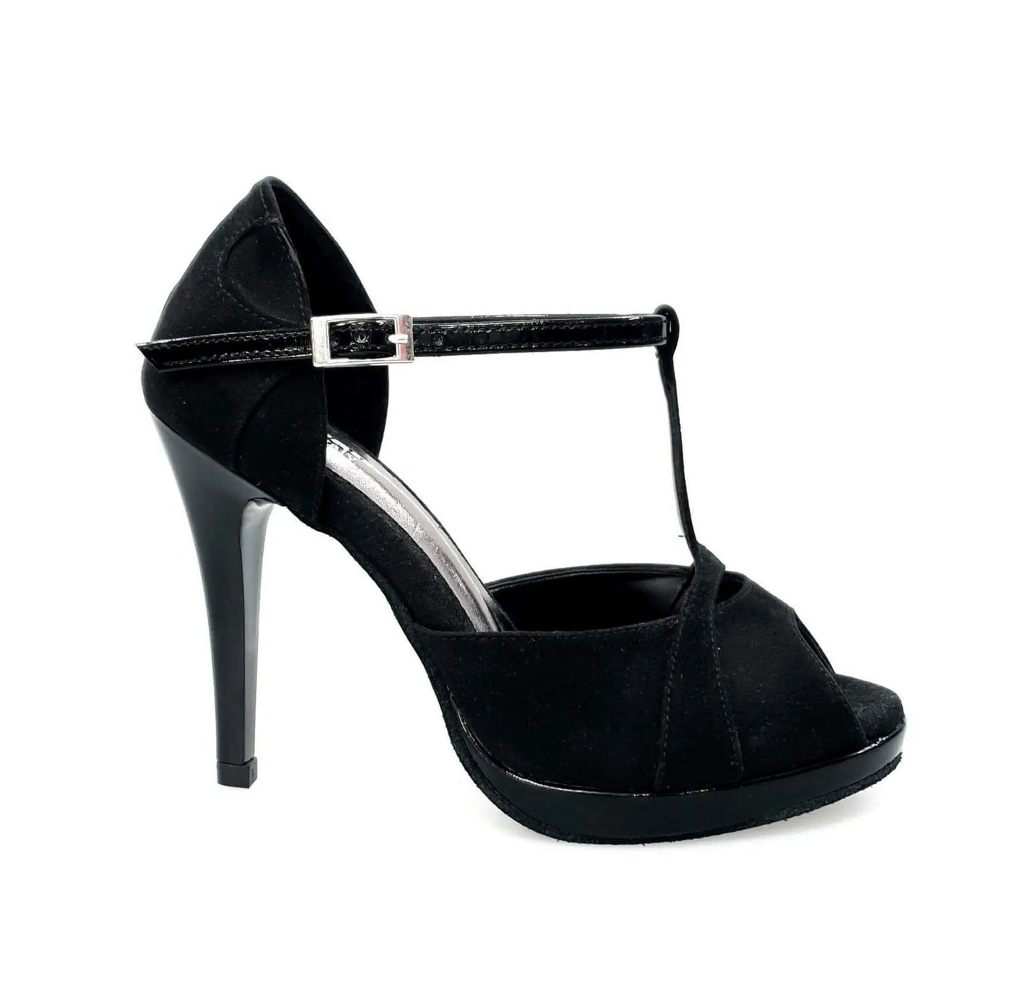 Sandalo donna Xena (698X) in camoscio nero e vernice nera con plateau e tacco a spillo, scarpa elegante Wish Dance Shop