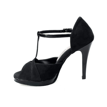 Sandalo donna Xena (698X) in camoscio nero e vernice nera con plateau e tacco a spillo, scarpa elegante Wish Dance Shop