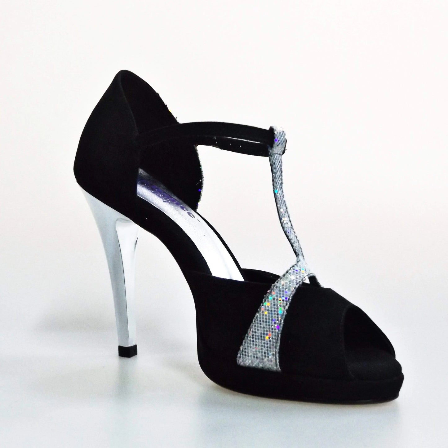 Sandalo donna Xena (698X) in camoscio nero e glitter argento con plateau e tacco a spillo, scarpa elegante Wish Dance Shop