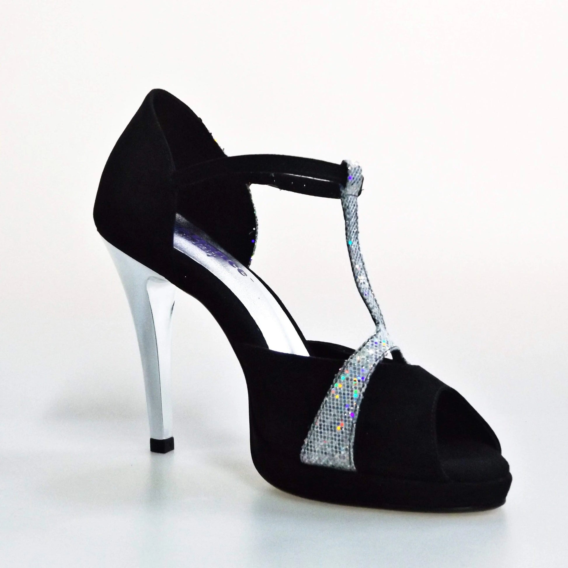 Sandalo donna Xena (698X) in camoscio nero e glitter argento con plateau e tacco a spillo, scarpa elegante Wish Dance Shop