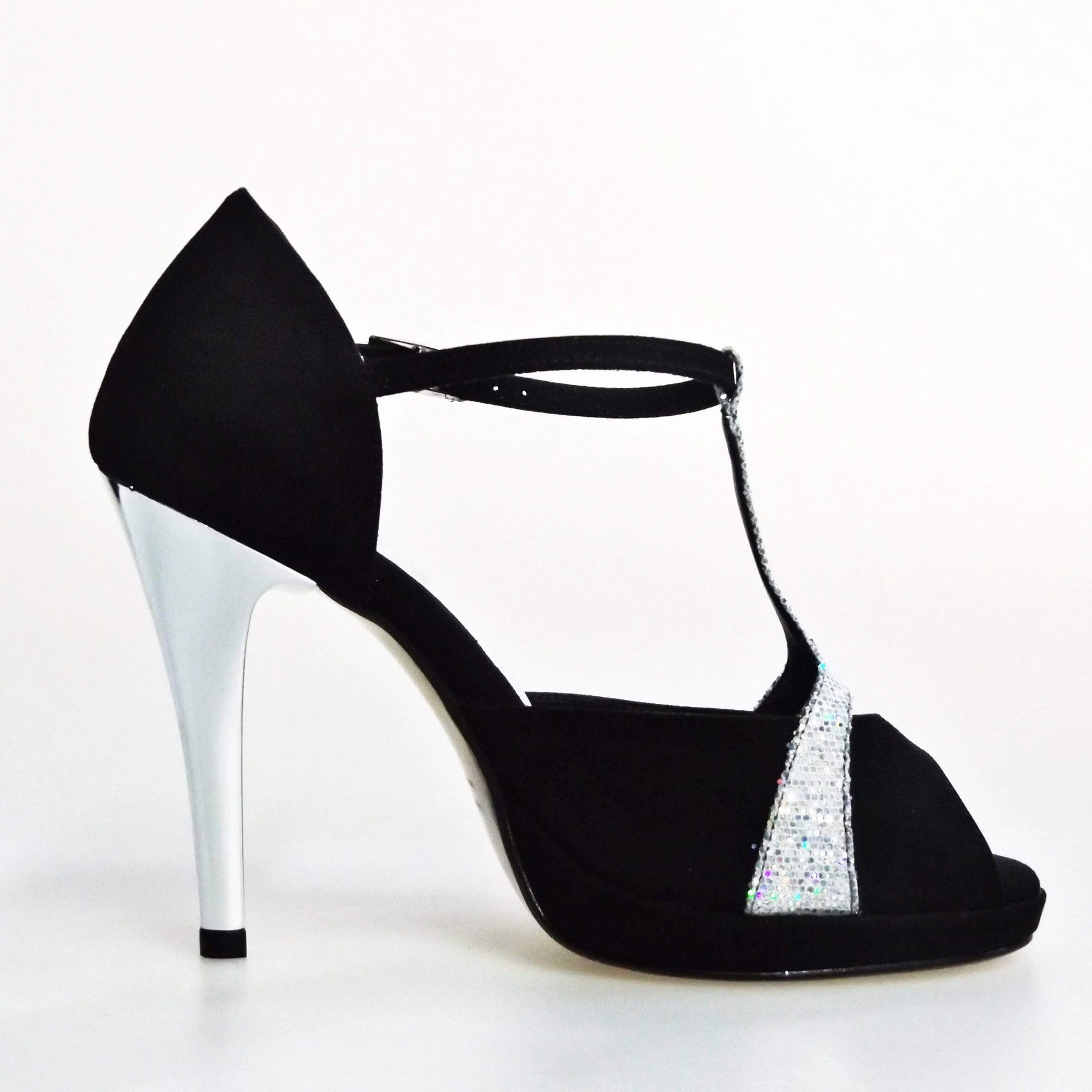 Sandalo donna Xena Wish Dance Shop in camoscio nero e glitter argento con plateau e tacco a spillo, vista laterale.