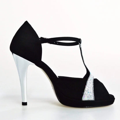 Sandalo donna Xena Wish Dance Shop in camoscio nero e glitter argento con plateau e tacco a spillo, vista laterale.