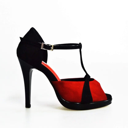 Sandalo da donna Xena (698X) in camoscio rosso e nero con plateau e tacco a spillo, scarpa elegante Wish Dance Shop