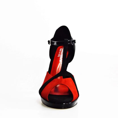 Sandalo donna Xena (698X) in camoscio rosso e nero con plateau e tacco a spillo, scarpa elegante Wish Dance Shop