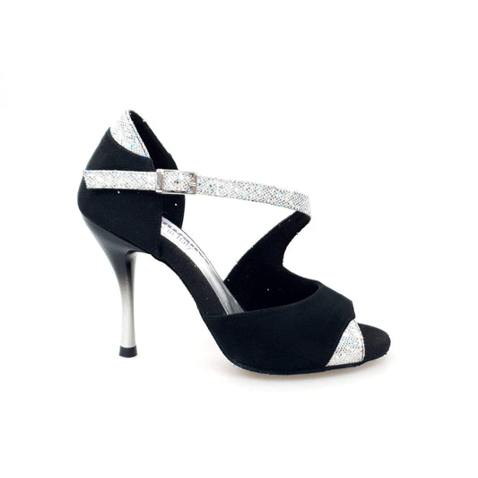 Sandalo donna ANIA Wish Dance Shop in camoscio nero, prisma argento, con tacco a spillo sfumato grigio e nero.