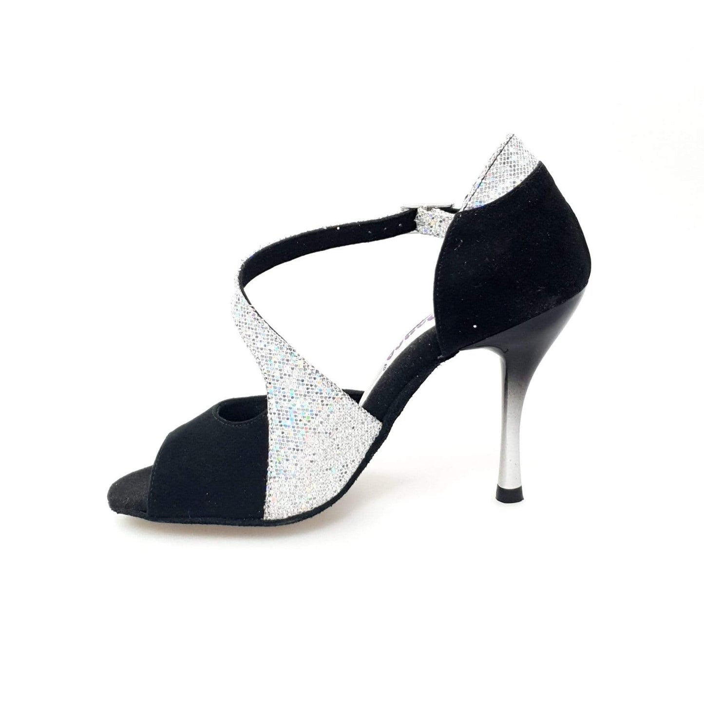 Sandalo donna ANIA Wish Dance Shop in camoscio nero con prisma argento e tacco a spillo sfumato grigio e nero