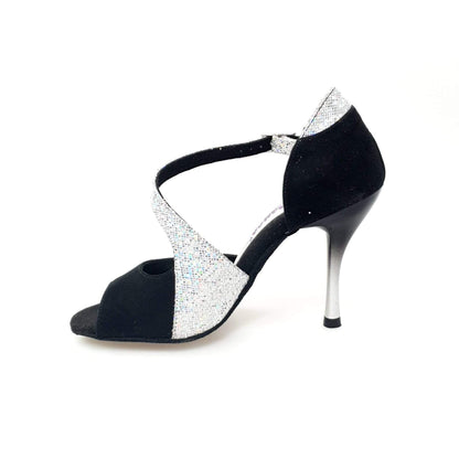 Sandalo donna ANIA Wish Dance Shop in camoscio nero con prisma argento e tacco a spillo sfumato grigio e nero