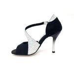 Load image into Gallery viewer, Anita (731) - Woman&#39;s Sandal in Black Suede and Silver Prism with Slim Heel
