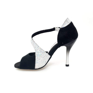Anita (731) - Woman's Sandal in Black Suede and Silver Prism with Slim Heel