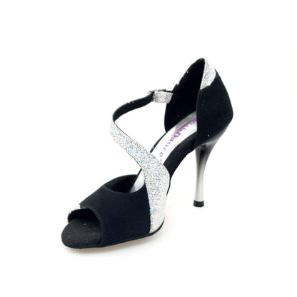 Sandalo donna ANIA Wish Dance Shop in camoscio nero e prisma argento con tacco a spillo sfumato grigio e nero