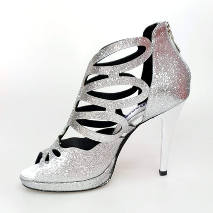Scarpa da donna Cleopatra Wish Dance Shop in glitter argento con tacco a spillo largo e plateau, dettagli scintillanti.