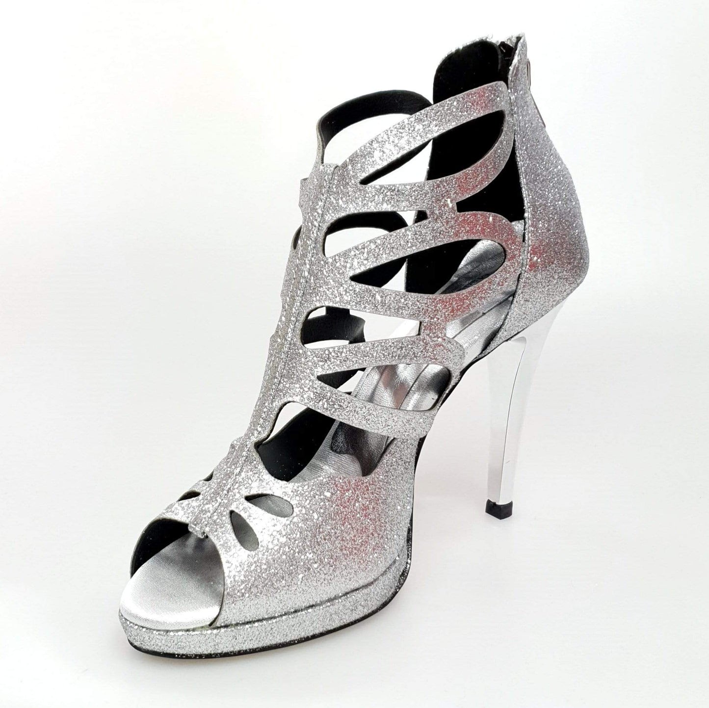 Scarpa da donna Cleopatra Wish Dance Shop in glitter argento brillante con tacco a spillo largo e plateau.