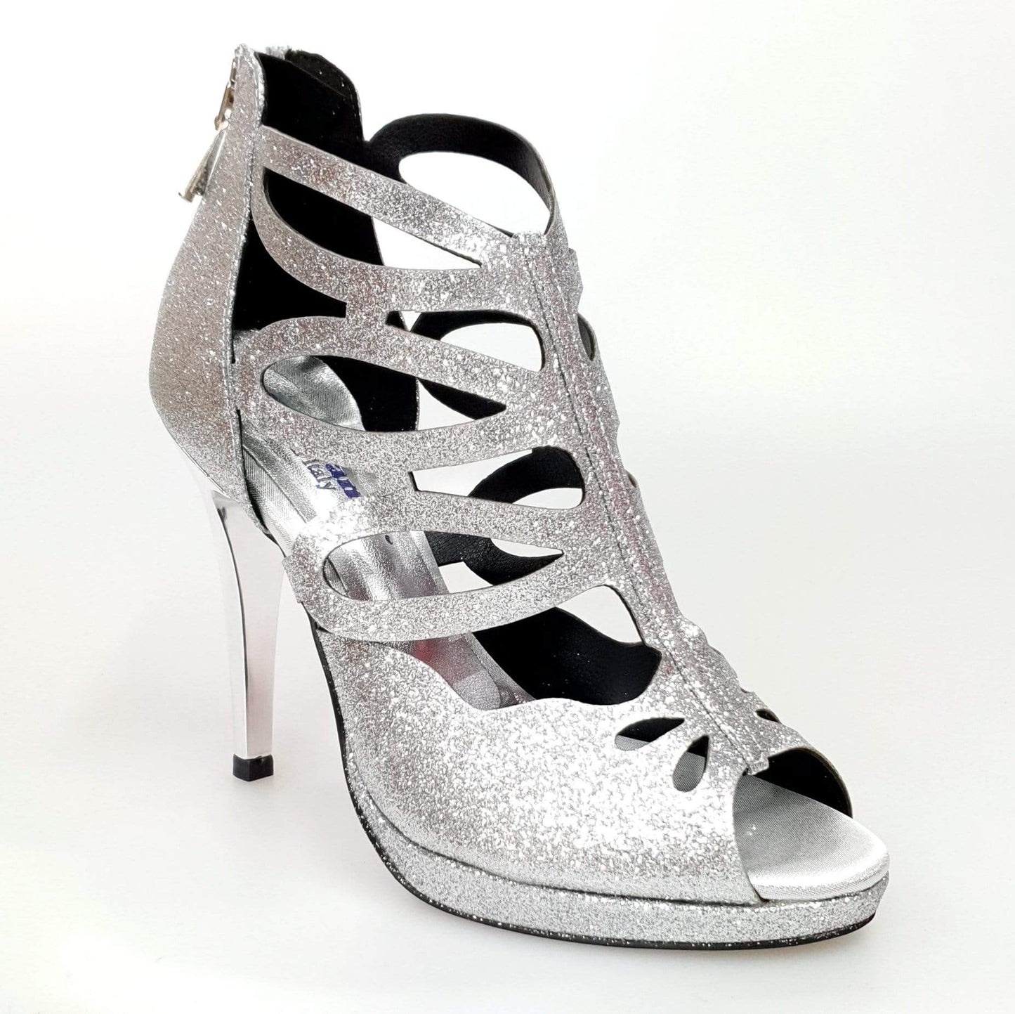 Scarpa da donna Cleopatra Wish Dance Shop in glitter argento con tacco a spillo largo e plateau brillante.