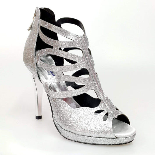 Scarpa da donna Cleopatra Wish Dance Shop in glitter argento con tacco a spillo largo e plateau brillante.