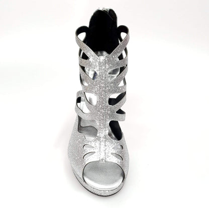 Scarpa da donna Cleopatra Wish Dance Shop in glitter argento brillante con tacco a spillo largo e plateau.