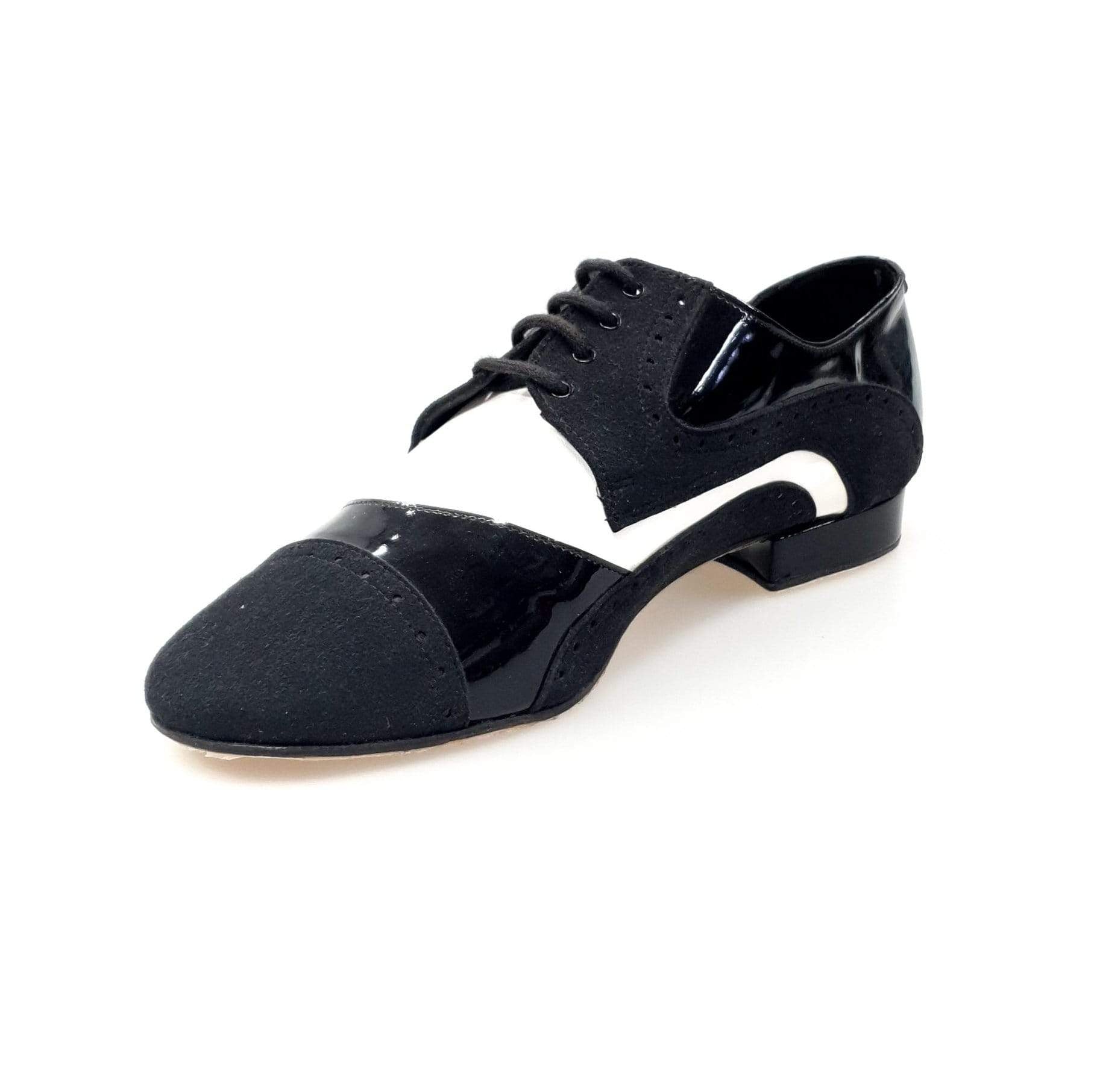 Scarpa uomo Magno 845 Wish Dance Shop, derby brogue in vernice e camoscio nero con dettagli in pelle bianca.