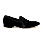 Load image into Gallery viewer, Aaron (MS22) - Black Suede Loafer with Embossed Gold Velvet Black Profile Long Shape
