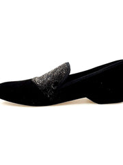 Load image into Gallery viewer, Aaron (MS22) - Black Suede Loafer with Embossed Gold Velvet Black Profile Long Shape

