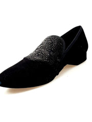 Load image into Gallery viewer, Aaron (MS22) - Black Suede Loafer with Embossed Gold Velvet Black Profile Long Shape
