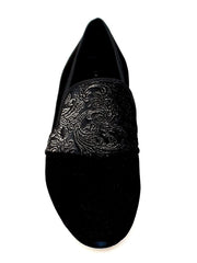 Load image into Gallery viewer, Aaron (MS22) - Black Suede Loafer with Embossed Gold Velvet Black Profile Long Shape
