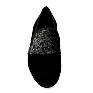 Aaron (MS22) - Black Suede Loafer with Embossed Gold Velvet Black Profile Long Shape
