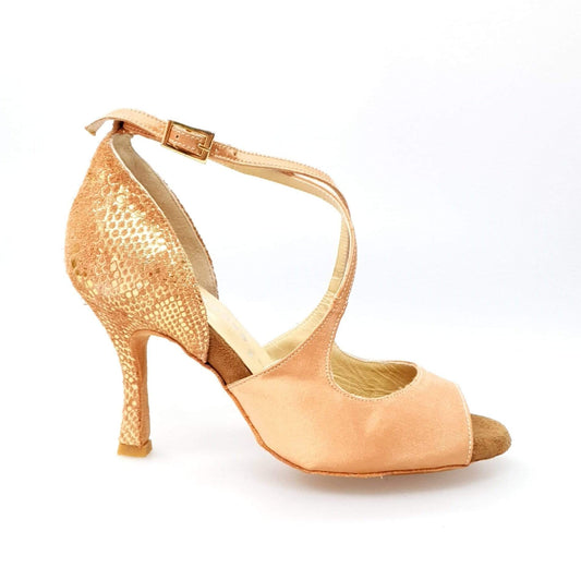 Sandalo donna Adriana in raso carne con tacco rocchetto in camoscio pitone oro, fodera in vera pelle, elegante e raffinato.