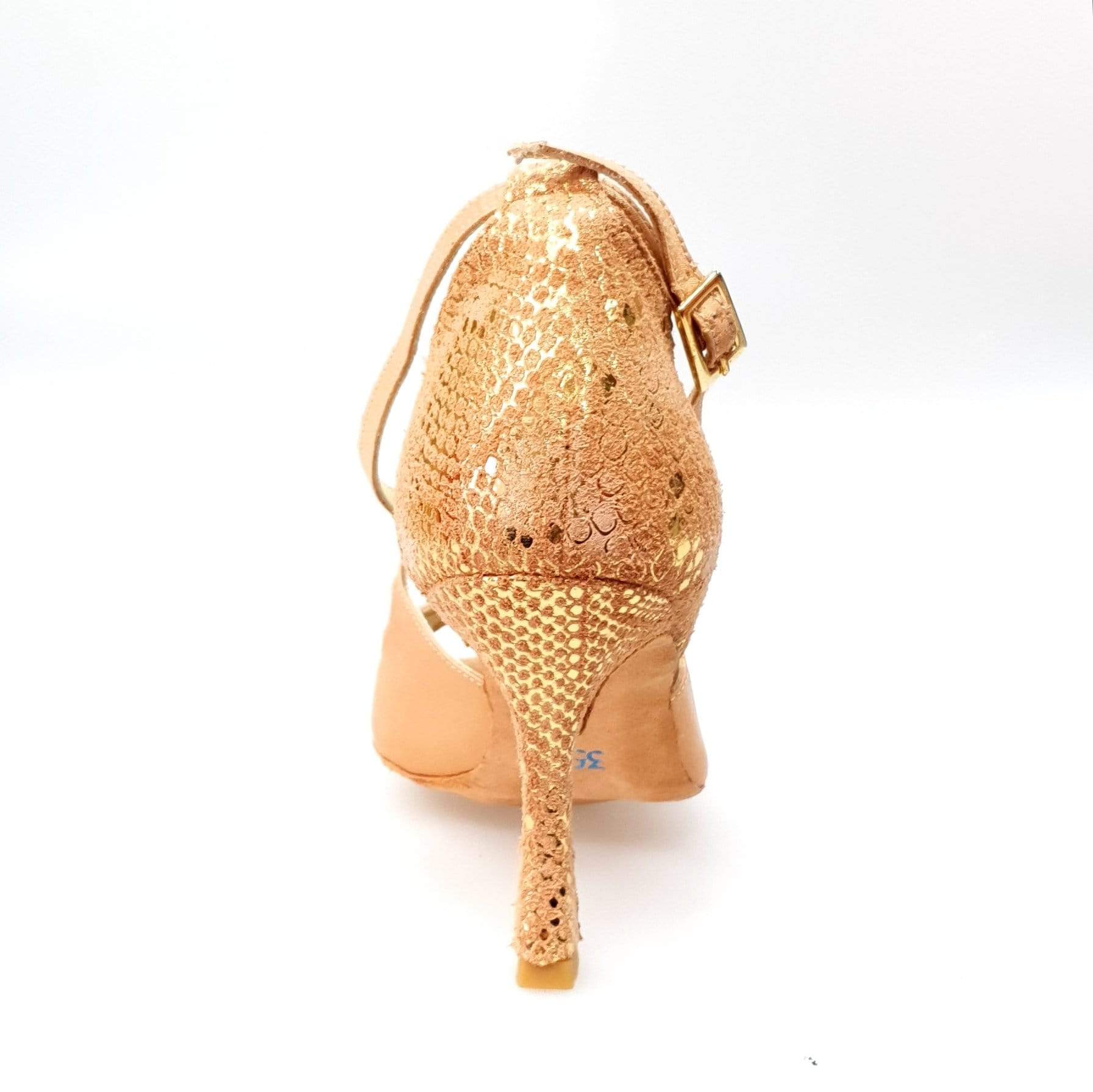 Sandalo da donna Adriana Wish Dance Shop in raso carne con tacco a rocchetto e dettagli in camoscio pitone oro, fodera in vera pelle
