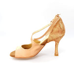 Load image into Gallery viewer, Adriana (137) - Woman&#39;s Sandal in Nude Satin Lined in Genuine Leather with Heel and Rocchettino Heel in Gold Python Suede
