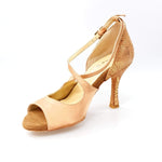 Load image into Gallery viewer, Adriana (137) - Woman&#39;s Sandal in Nude Satin Lined in Genuine Leather with Heel and Rocchettino Heel in Gold Python Suede
