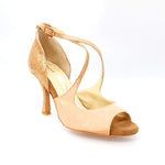 Load image into Gallery viewer, Adriana (137) - Woman&#39;s Sandal in Nude Satin Lined in Genuine Leather with Heel and Rocchettino Heel in Gold Python Suede
