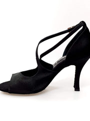 Cargar imagen en la Galería, Sandalo donna Adriana in raso di seta nero con fodera in vera pelle, scarpa elegante Wish Dance Shop