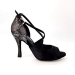Cargar imagen en la Galería, Sandalo da donna Adriana Wish Dance Shop in raso nero con tacco e tallone in camoscio pitone silver, foderato in vera pelle.
