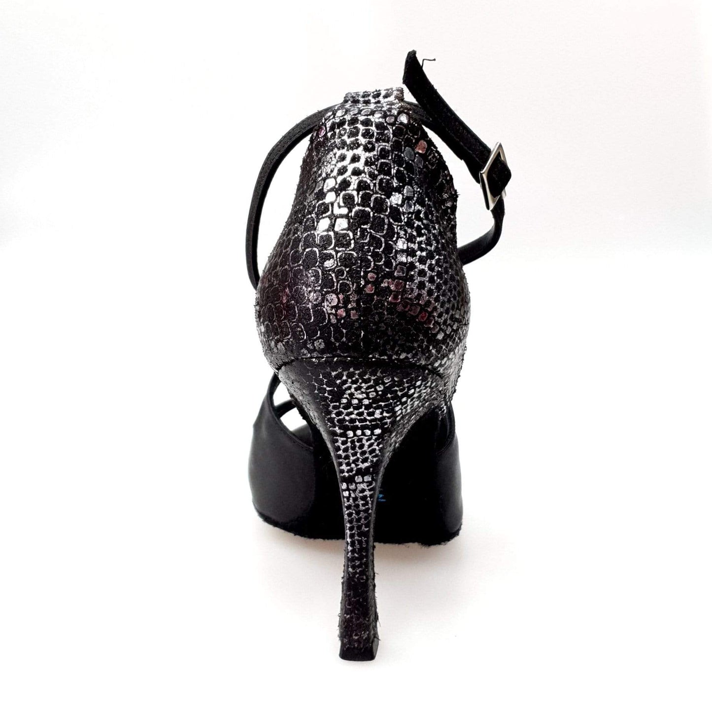 Sandalo donna Adriana Wish Dance Shop in raso nero, con tacco in camoscio pitone silver e fodera in vera pelle.