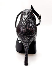 Cargar imagen en la Galería, Sandalo donna Adriana Wish Dance Shop in raso nero, con tacco in camoscio pitone silver e fodera in vera pelle.