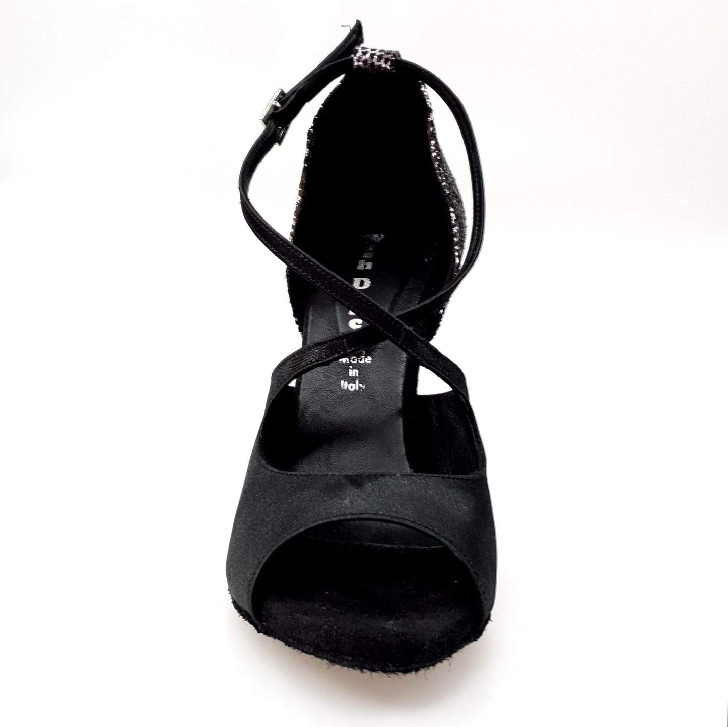 Sandalo da donna Adriana Wish Dance Shop in raso nero con tacco in camoscio pitone argento e fodera in vera pelle.