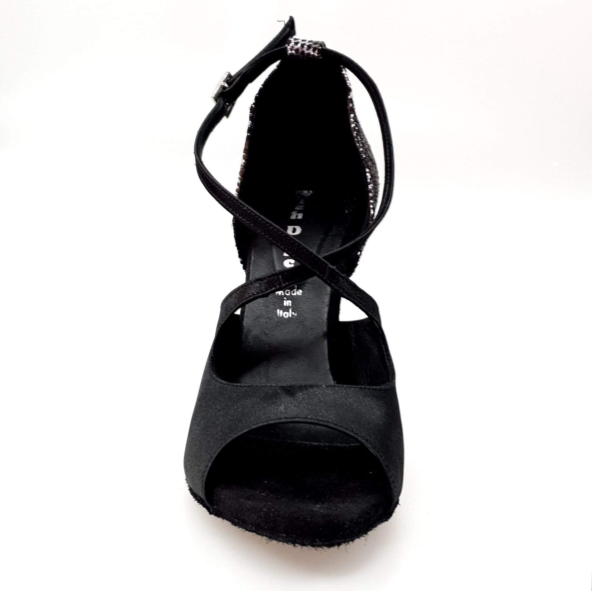Sandalo da donna Adriana Wish Dance Shop in raso nero con tacco in camoscio pitone argento e fodera in vera pelle.