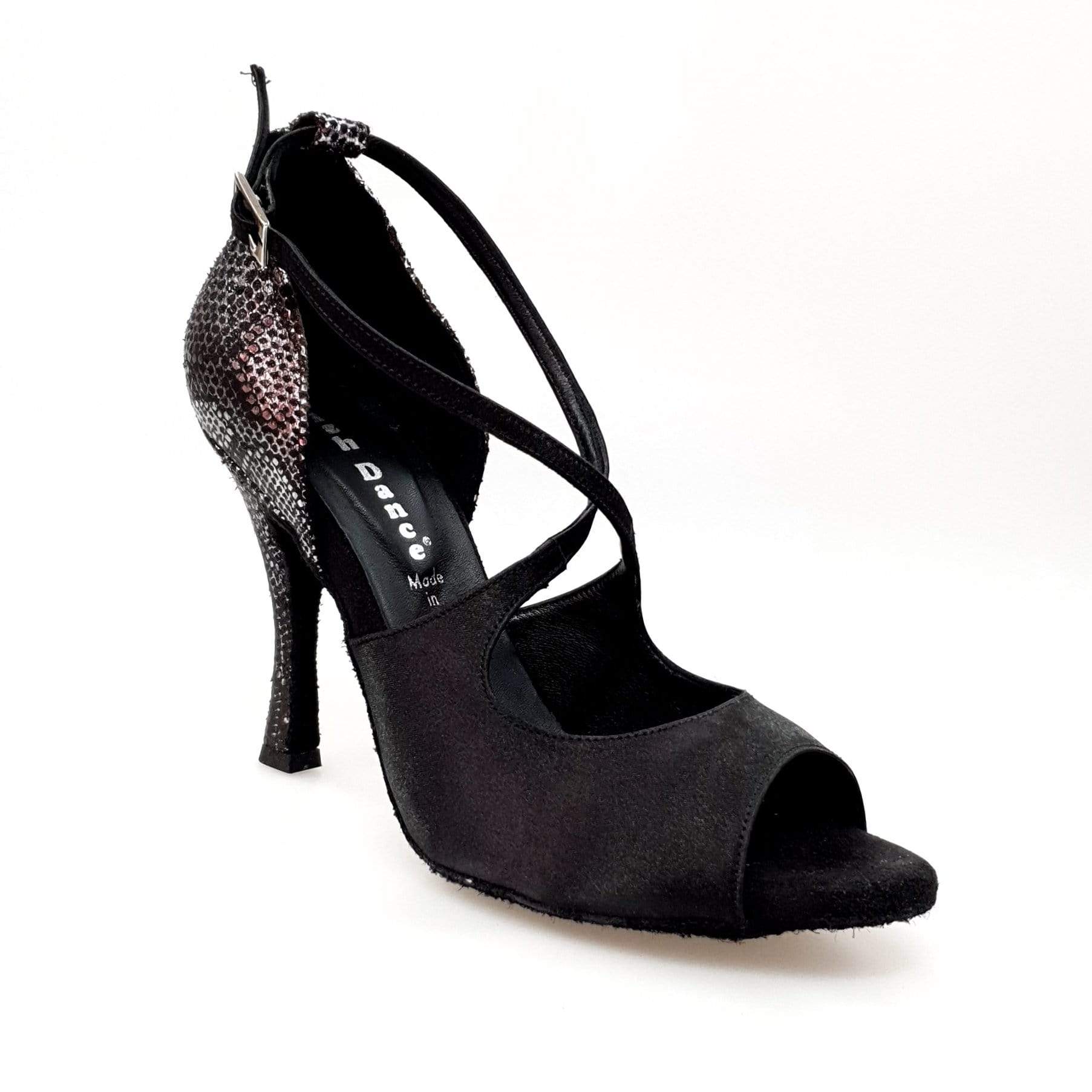 Sandalo donna Adriana Wish Dance Shop in raso nero con tacco e tallone in camoscio pitone argento, fodera in vera pelle.