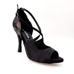 Cargar imagen en la Galería, Sandalo donna Adriana Wish Dance Shop in raso nero con tacco e tallone in camoscio pitone argento, fodera in vera pelle.
