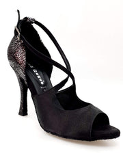 Cargar imagen en la Galería, Sandalo donna Adriana Wish Dance Shop in raso nero con tacco e tallone in camoscio pitone argento, fodera in vera pelle.